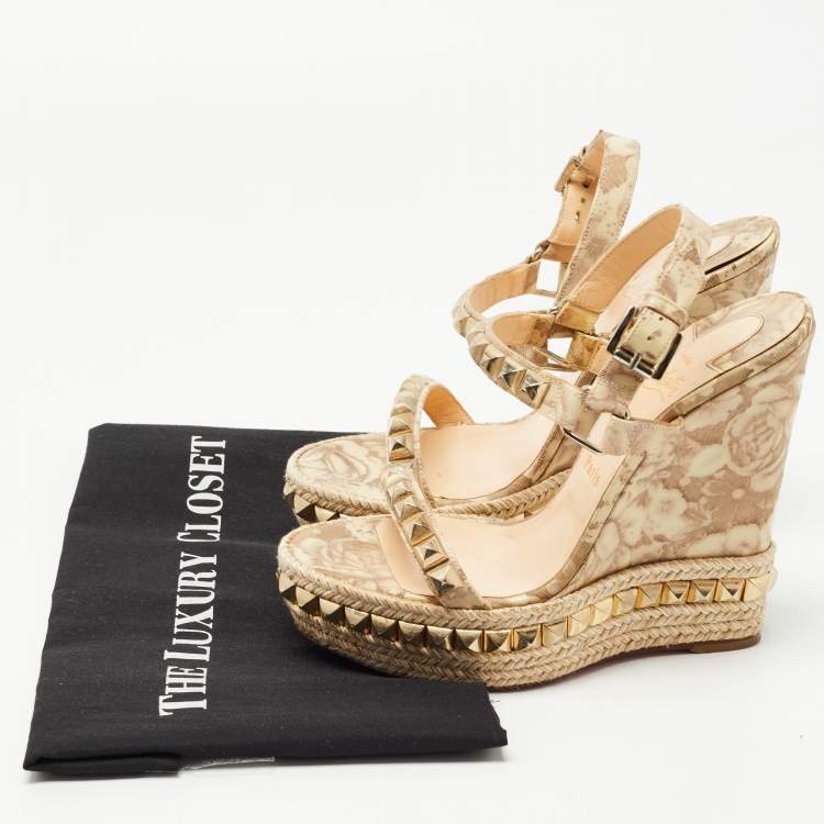 Pre Owned Christian Louboutin Beige Leather Studded Pyraclou Espadrille Platform Wedge Sandals Size 38