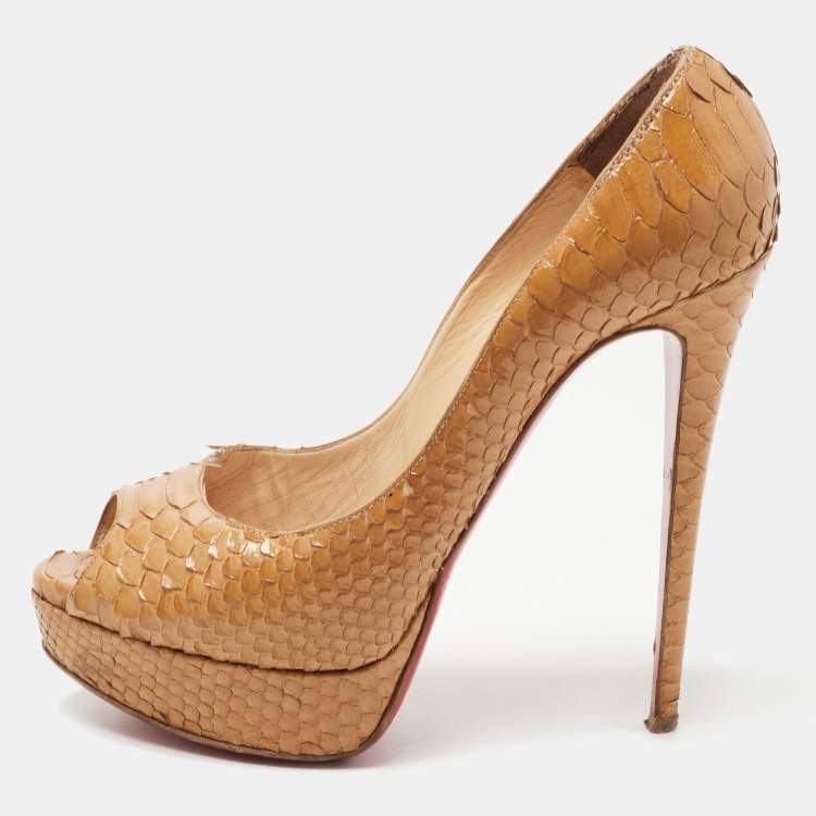 Pre Owned Christian Louboutin Tan Python Lady Peep Pumps Size 40.5