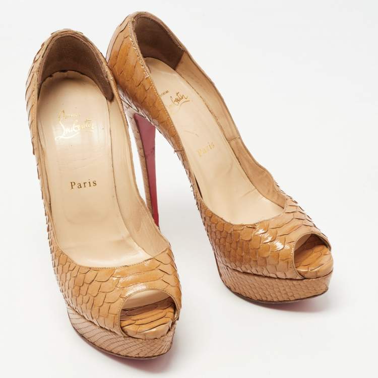 Pre Owned Christian Louboutin Tan Python Lady Peep Pumps Size 40.5