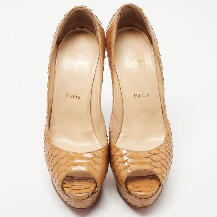 Pre Owned Christian Louboutin Tan Python Lady Peep Pumps Size 40.5