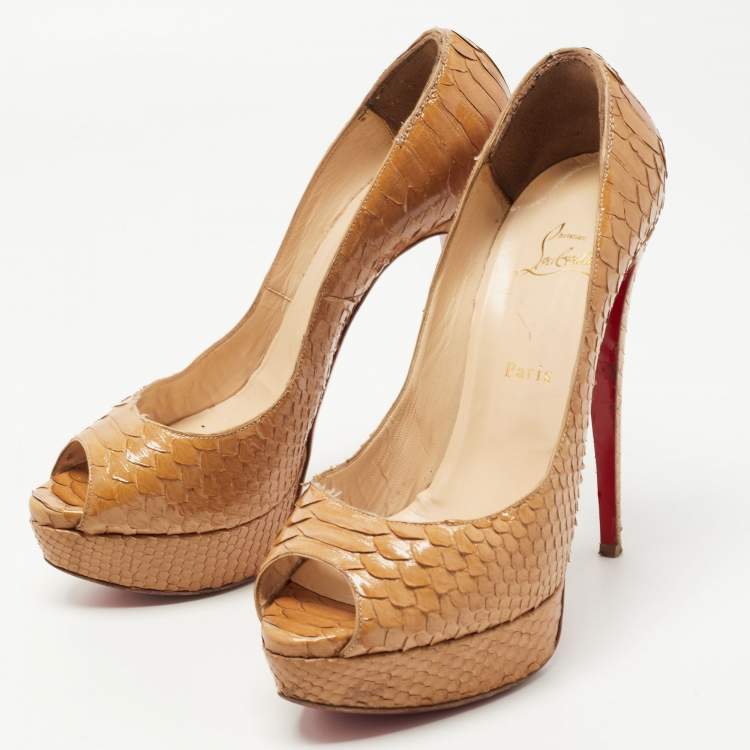 Pre Owned Christian Louboutin Tan Python Lady Peep Pumps Size 40.5