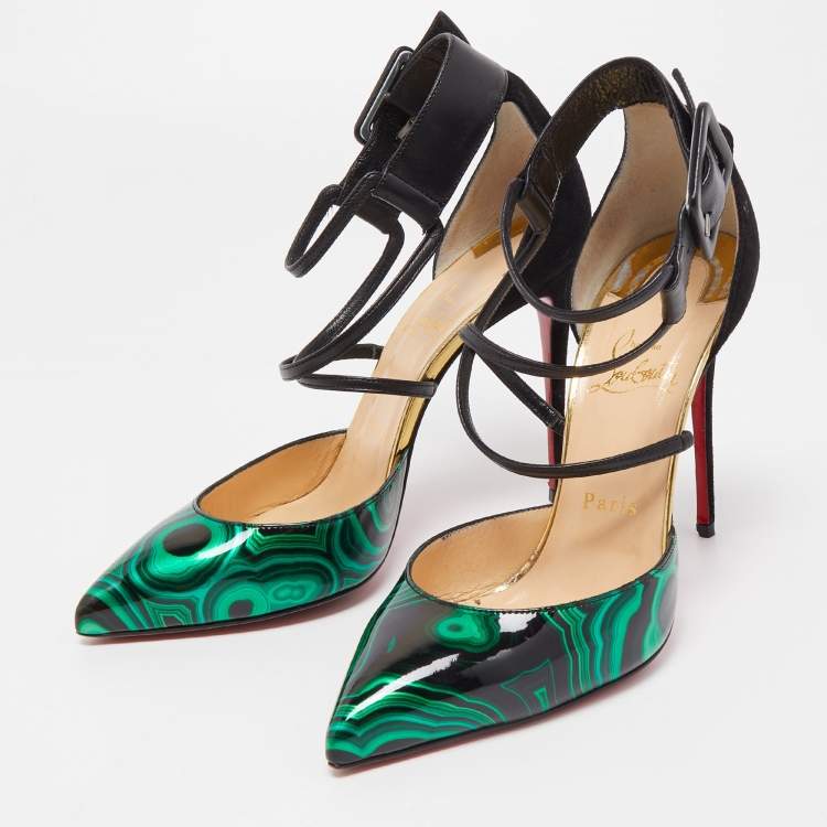 Pre Owned Christian Louboutin Green/Black Swirl Print Patent Leather and Suede Suzannia Pumps Size 38