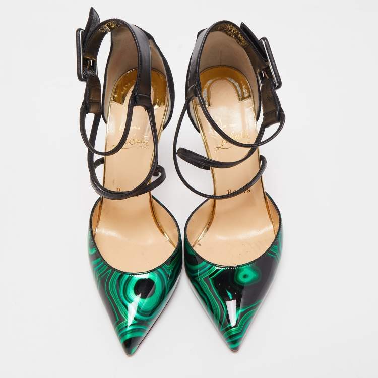 Pre Owned Christian Louboutin Green/Black Swirl Print Patent Leather and Suede Suzannia Pumps Size 38