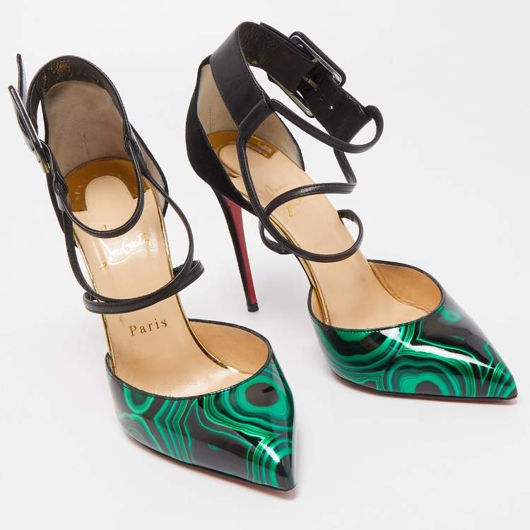Pre Owned Christian Louboutin Green/Black Swirl Print Patent Leather and Suede Suzannia Pumps Size 38