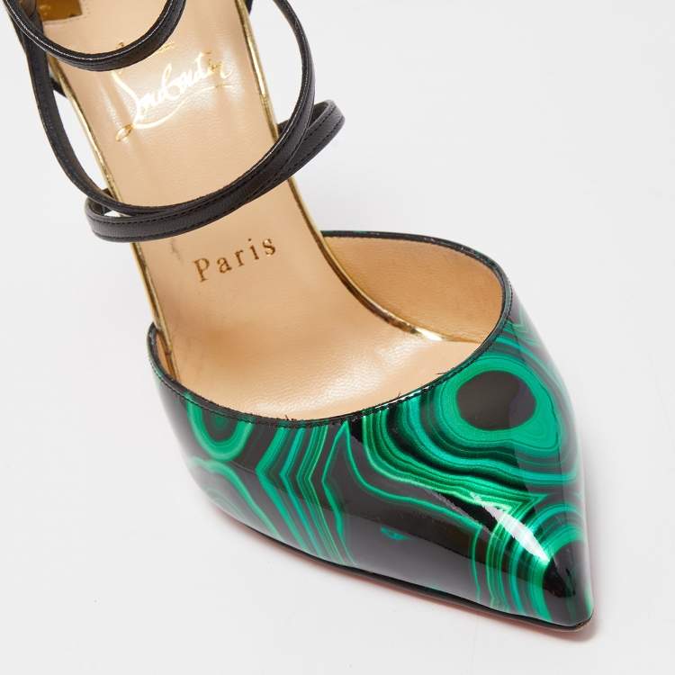 Pre Owned Christian Louboutin Green/Black Swirl Print Patent Leather and Suede Suzannia Pumps Size 38