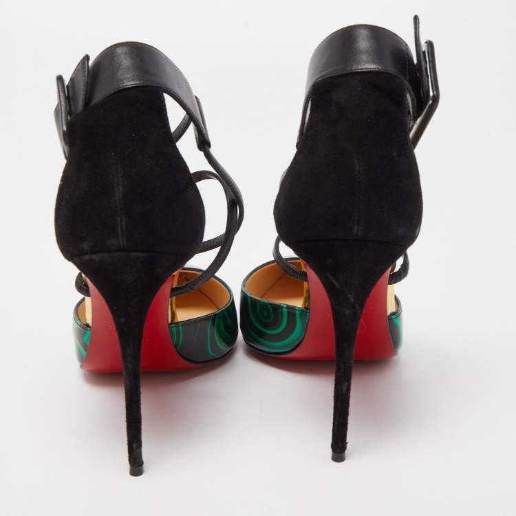 Pre Owned Christian Louboutin Green/Black Swirl Print Patent Leather and Suede Suzannia Pumps Size 38