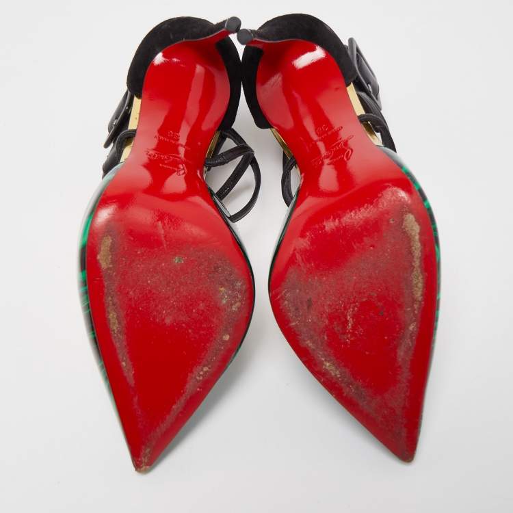 Pre Owned Christian Louboutin Green/Black Swirl Print Patent Leather and Suede Suzannia Pumps Size 38