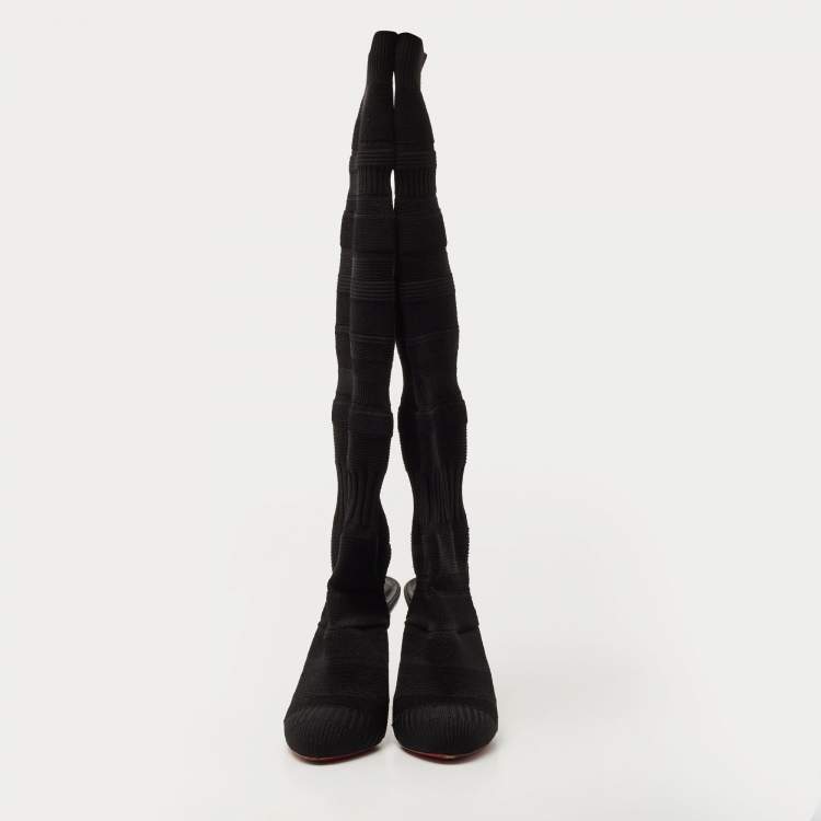 Pre Owned Christian Louboutin Black Knit Fabric Cheminetta Sock Thigh High Boots Size 38