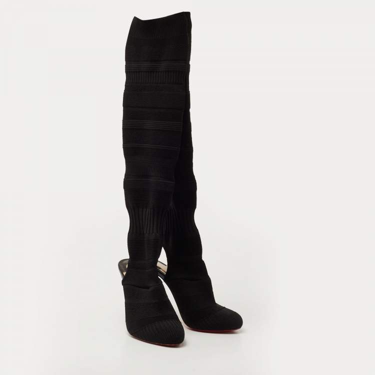 Pre Owned Christian Louboutin Black Knit Fabric Cheminetta Sock Thigh High Boots Size 38