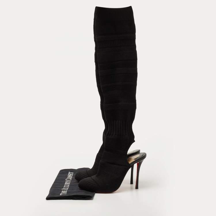 Pre Owned Christian Louboutin Black Knit Fabric Cheminetta Sock Thigh High Boots Size 38