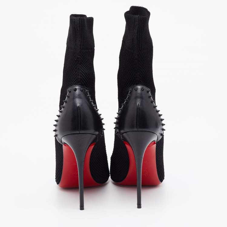 مملوكة مسبقًا Christian Louboutin Black Knit Fabric and Leather Studded Dovi Dova Sock Boots Size 41