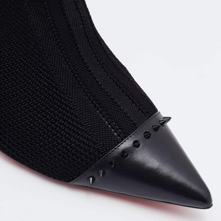مملوكة مسبقًا Christian Louboutin Black Knit Fabric and Leather Studded Dovi Dova Sock Boots Size 41