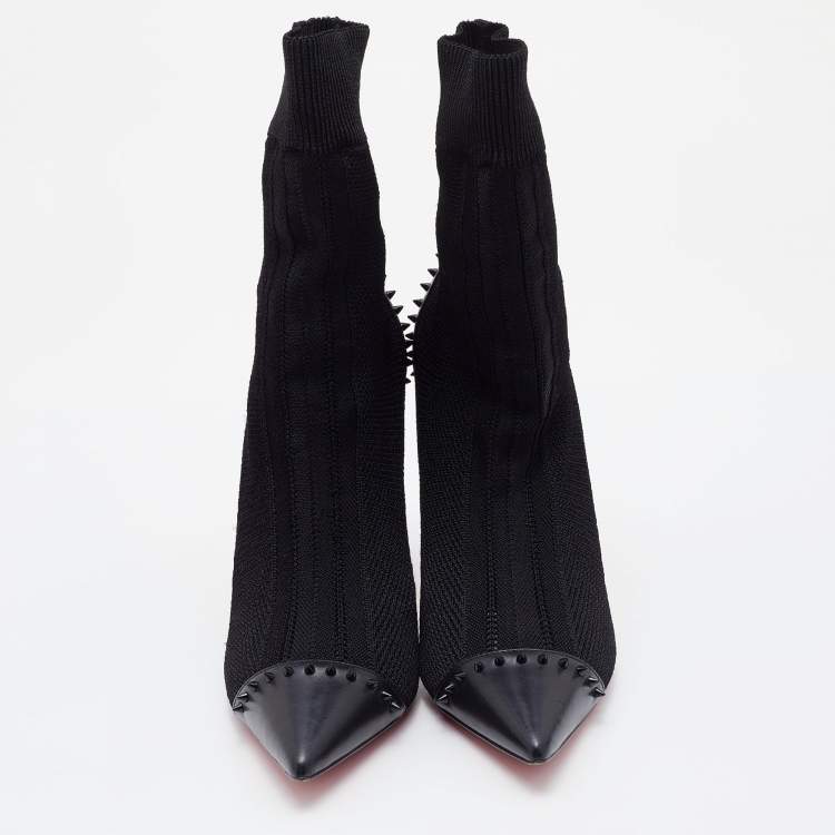 مملوكة مسبقًا Christian Louboutin Black Knit Fabric and Leather Studded Dovi Dova Sock Boots Size 41