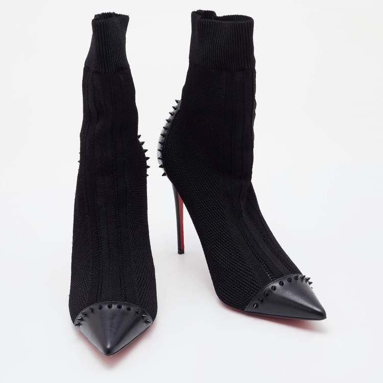مملوكة مسبقًا Christian Louboutin Black Knit Fabric and Leather Studded Dovi Dova Sock Boots Size 41