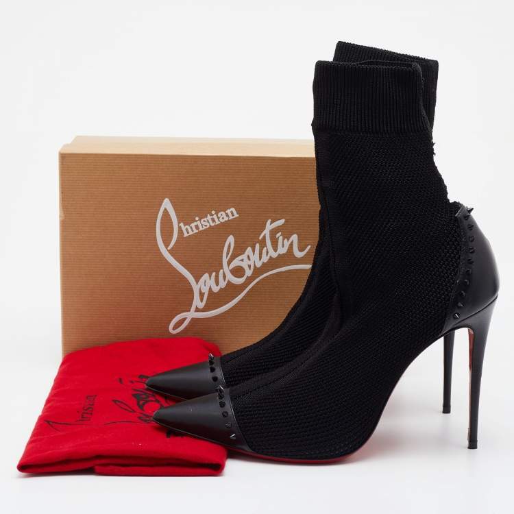 مملوكة مسبقًا Christian Louboutin Black Knit Fabric and Leather Studded Dovi Dova Sock Boots Size 41