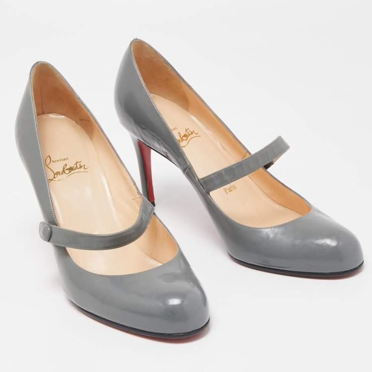 Pre Owned Christian Louboutin Grey Leather Charlene Mary Jane Pumps Size 37.5