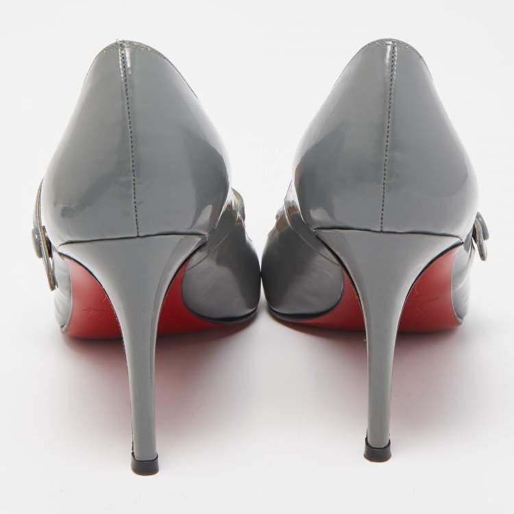 Pre Owned Christian Louboutin Grey Leather Charlene Mary Jane Pumps Size 37.5