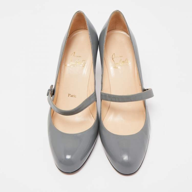 Pre Owned Christian Louboutin Grey Leather Charlene Mary Jane Pumps Size 37.5
