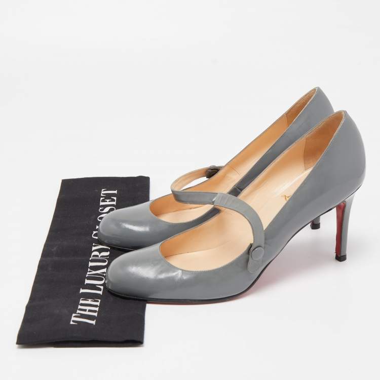 Pre Owned Christian Louboutin Grey Leather Charlene Mary Jane Pumps Size 37.5