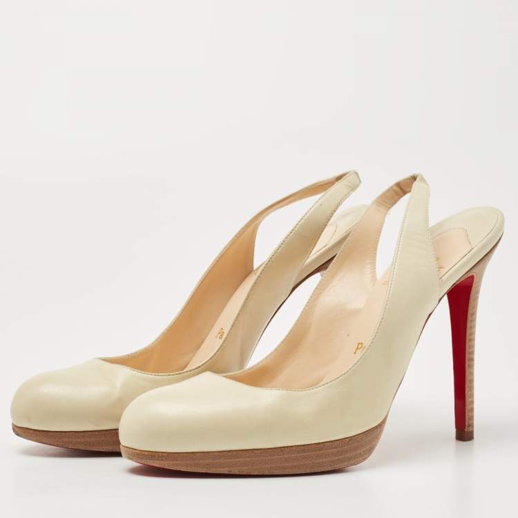 Pre Owned Christian Louboutin Cream Leather Platform Slingback Pumps Size 38.5