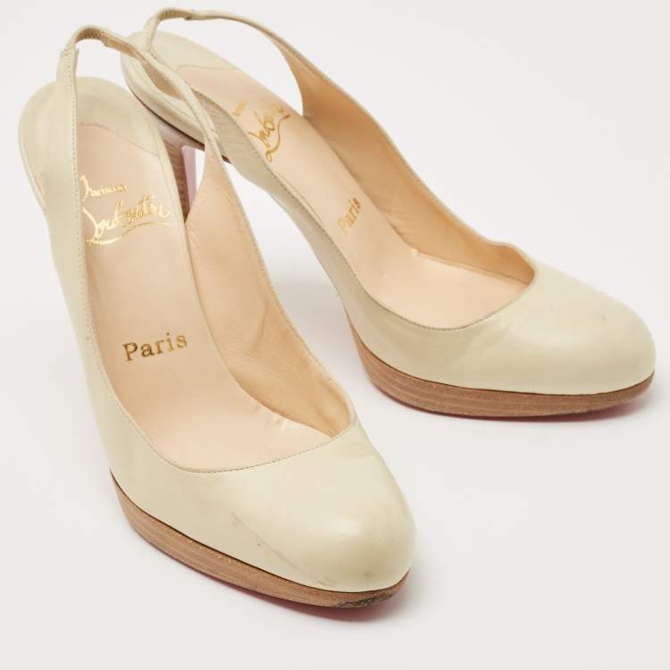 Pre Owned Christian Louboutin Cream Leather Platform Slingback Pumps Size 38.5