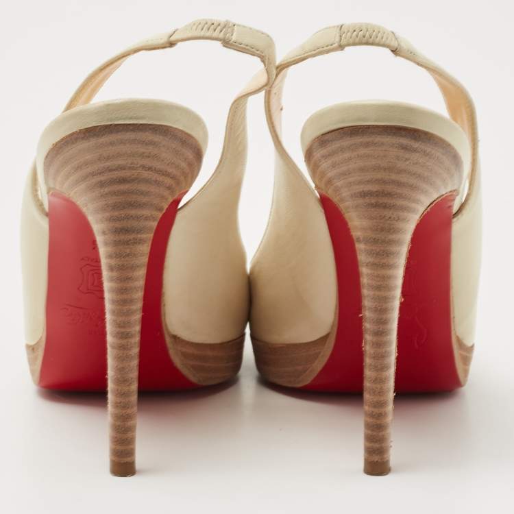 Pre Owned Christian Louboutin Cream Leather Platform Slingback Pumps Size 38.5