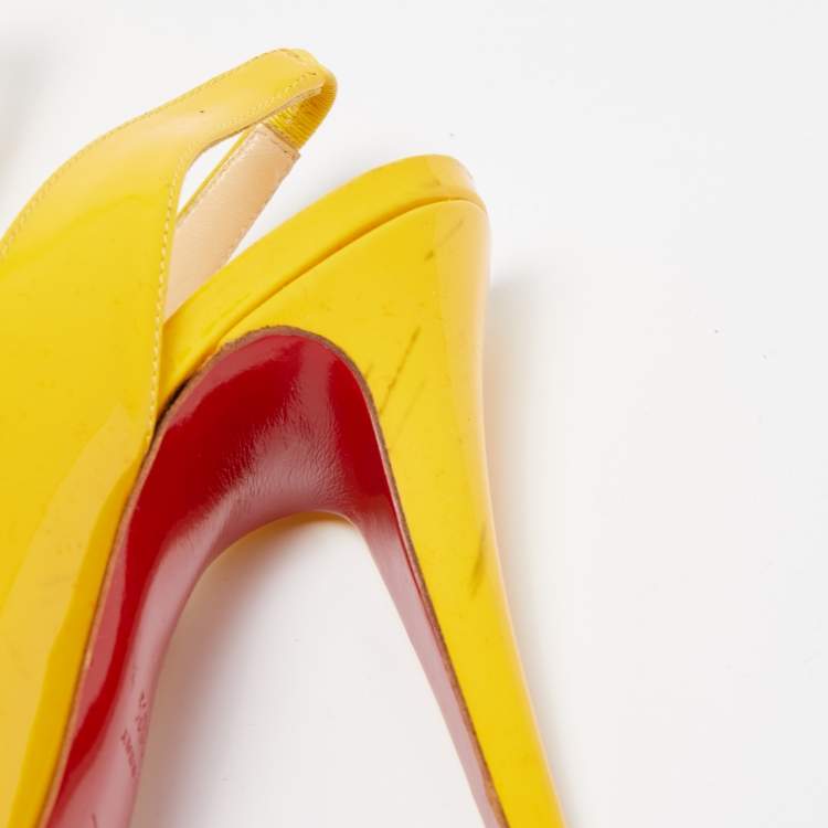 Pre Owned Christian Louboutin Yellow Patent Leather Flo Slingback Pumps Size 38.5