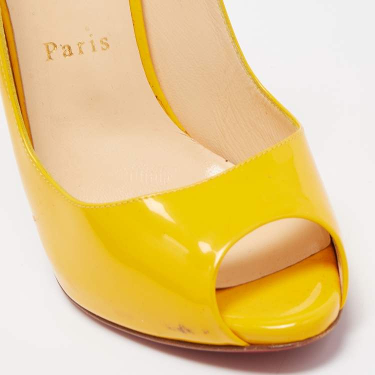Pre Owned Christian Louboutin Yellow Patent Leather Flo Slingback Pumps Size 38.5