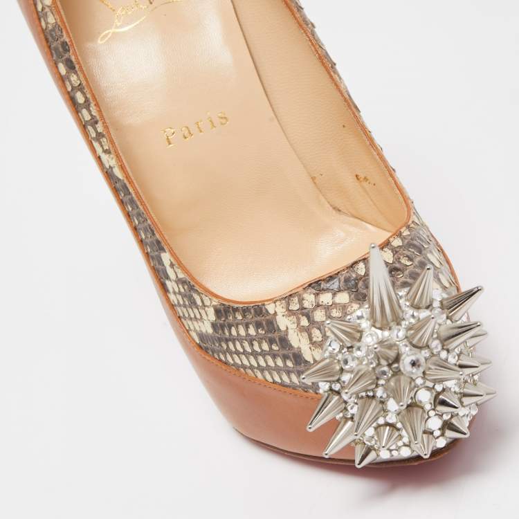 Pre Owned Christian Louboutin Brown Python and Leather Asteriod Spiked Pumps Size 37.5