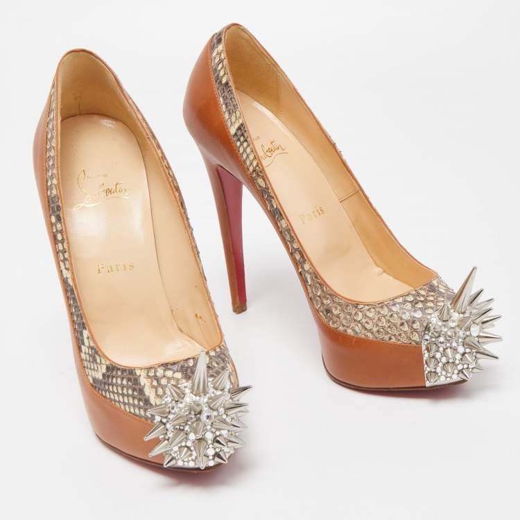 Pre Owned Christian Louboutin Brown Python and Leather Asteriod Spiked Pumps Size 37.5