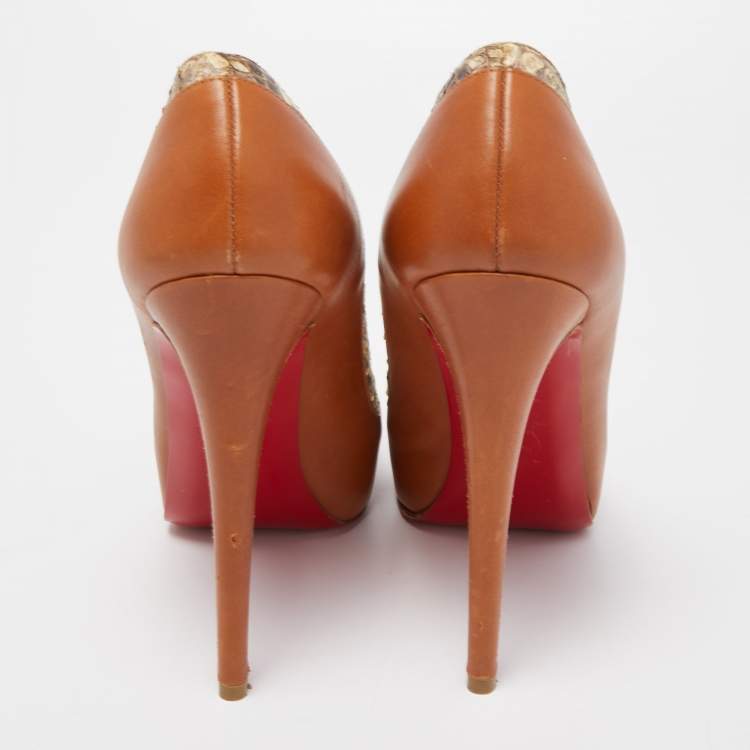 Pre Owned Christian Louboutin Brown Python and Leather Asteriod Spiked Pumps Size 37.5