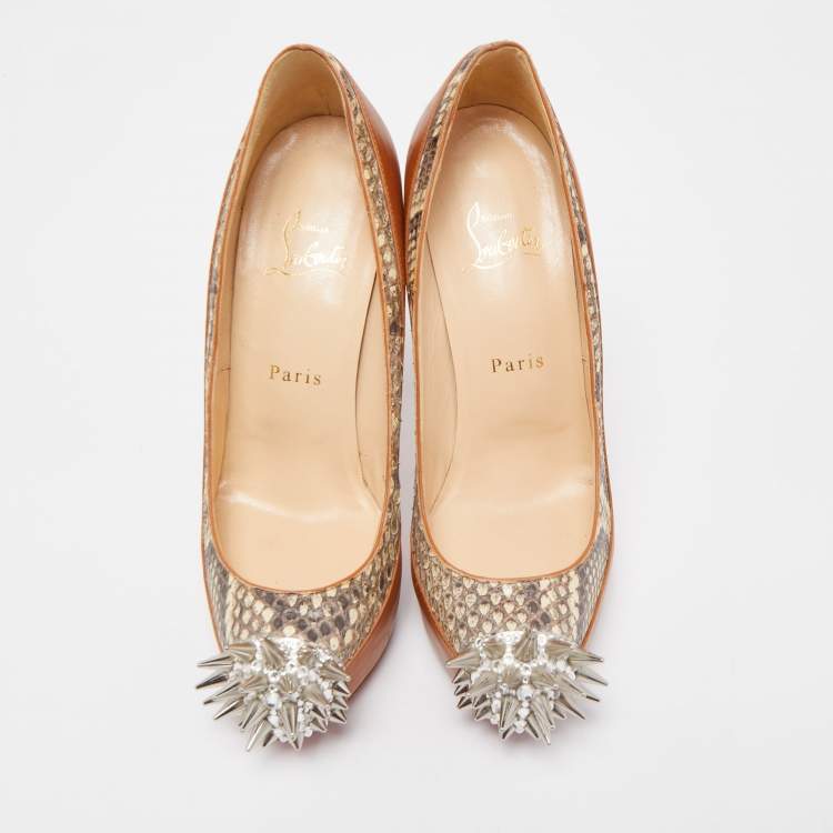 Pre Owned Christian Louboutin Brown Python and Leather Asteriod Spiked Pumps Size 37.5