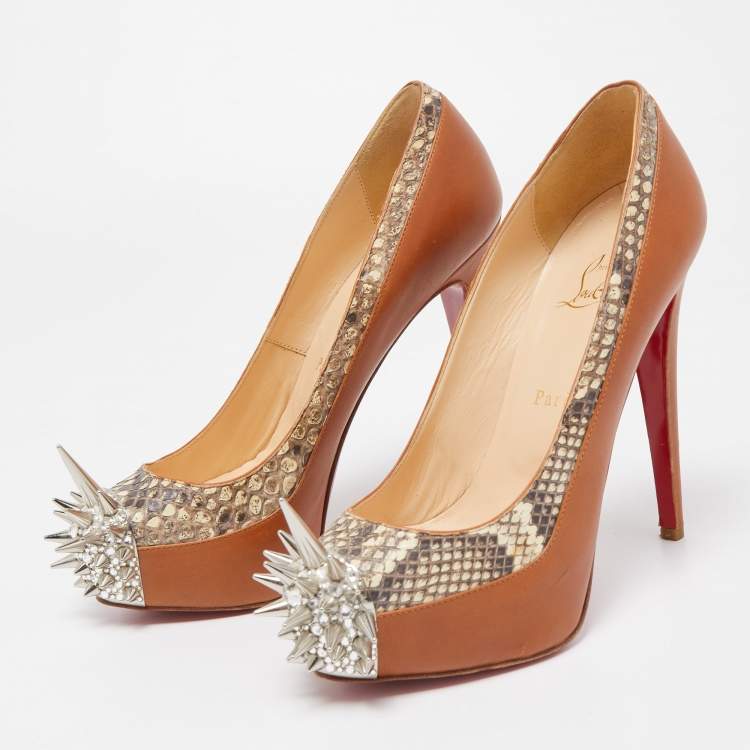 Pre Owned Christian Louboutin Brown Python and Leather Asteriod Spiked Pumps Size 37.5