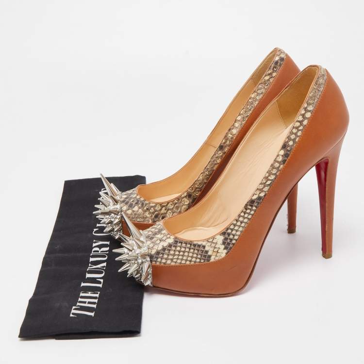 Pre Owned Christian Louboutin Brown Python and Leather Asteriod Spiked Pumps Size 37.5