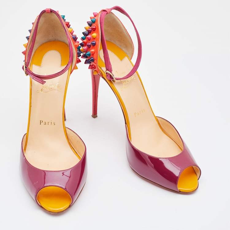 Pre Owned Christian Louboutin Multicolor Patent Leather Pina Spike Peep Toe Ankle Strap Sandals Size 39