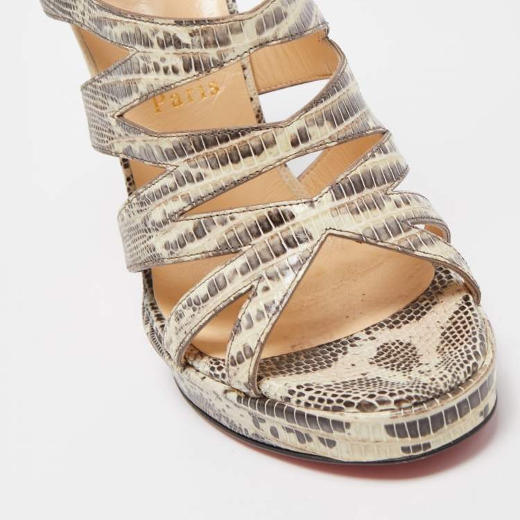 Pre Owned Christian Louboutin Grey/Yellow Lizard Leather 'Fernando' Cage Sandals Size 37
