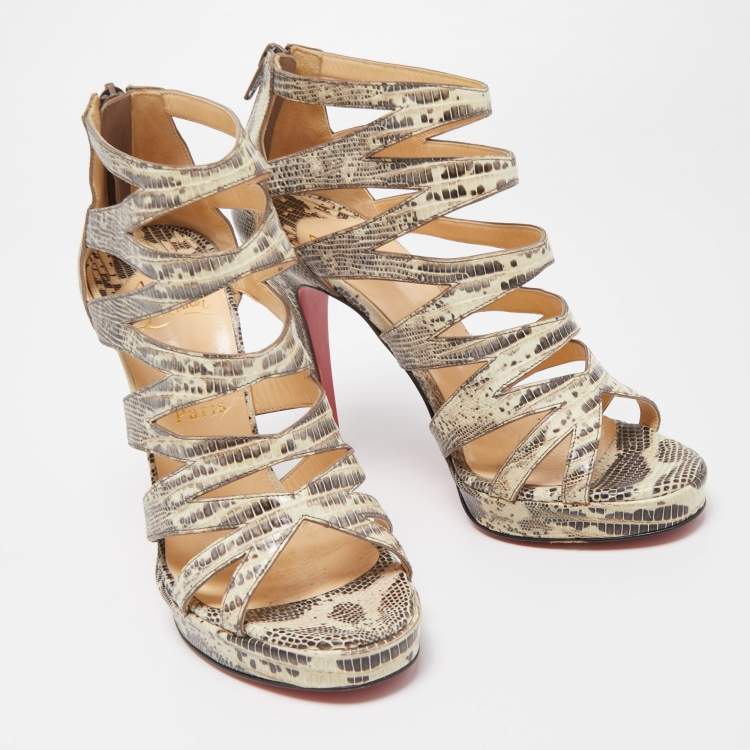 Pre Owned Christian Louboutin Grey/Yellow Lizard Leather 'Fernando' Cage Sandals Size 37