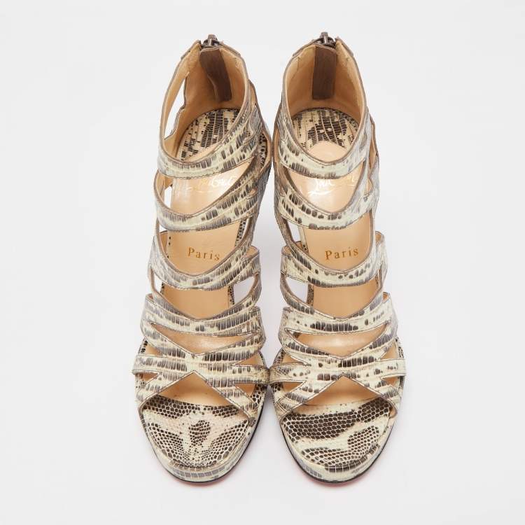 Pre Owned Christian Louboutin Grey/Yellow Lizard Leather 'Fernando' Cage Sandals Size 37