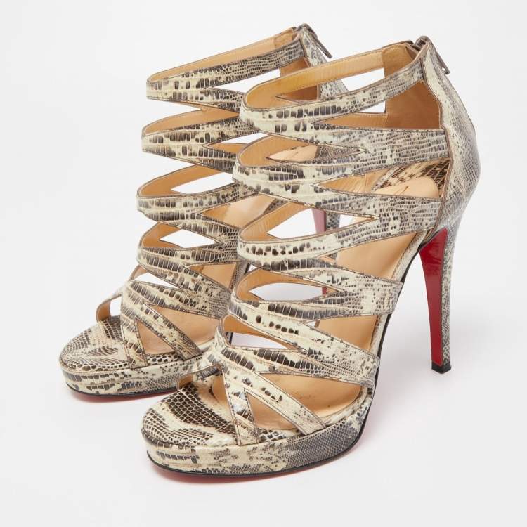 Pre Owned Christian Louboutin Grey/Yellow Lizard Leather 'Fernando' Cage Sandals Size 37