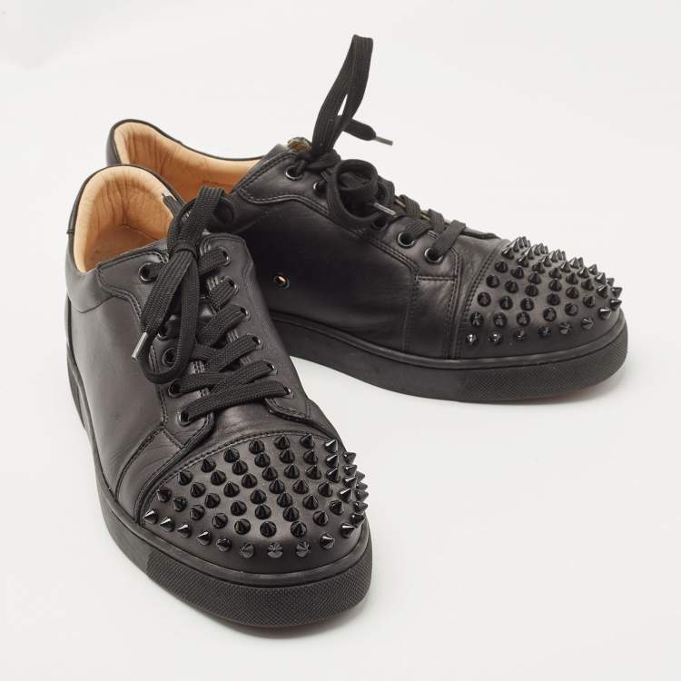 Pre Owned Christian Louboutin Black Leather Louis Junior Spikes Sneakers Size 40.5