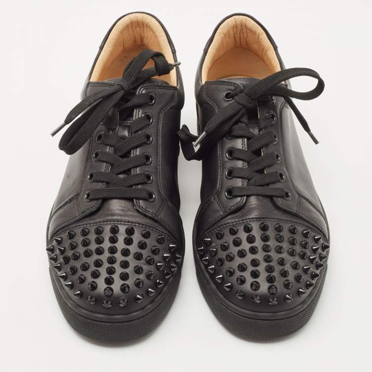 Pre Owned Christian Louboutin Black Leather Louis Junior Spikes Sneakers Size 40.5