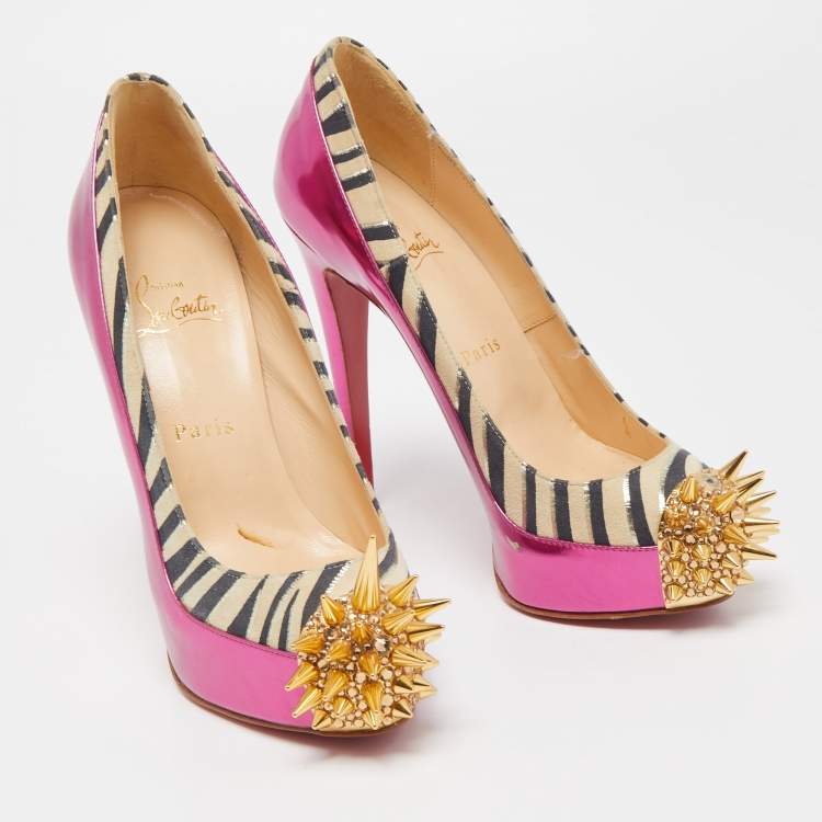 Pre Owned Christian Louboutin Tricolor Zebra Print Suede and Leather Limited Edition Asteroid Pumps Size 37