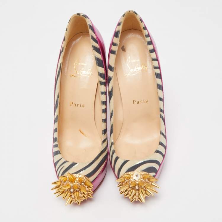 Pre Owned Christian Louboutin Tricolor Zebra Print Suede and Leather Limited Edition Asteroid Pumps Size 37