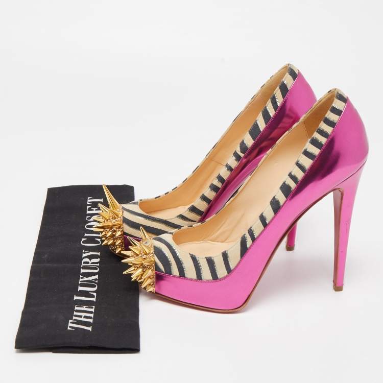 Pre Owned Christian Louboutin Tricolor Zebra Print Suede and Leather Limited Edition Asteroid Pumps Size 37