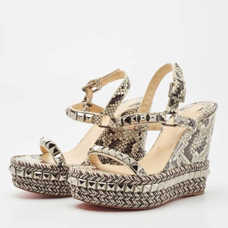 Pre Owned Christian Louboutin Black/Cream Python Pyraclou Sandals Size 37