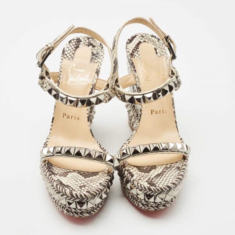 Pre Owned Christian Louboutin Black/Cream Python Pyraclou Sandals Size 37