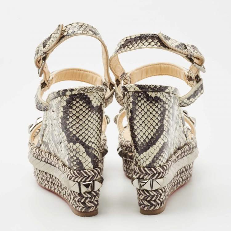 Pre Owned Christian Louboutin Black/Cream Python Pyraclou Sandals Size 37