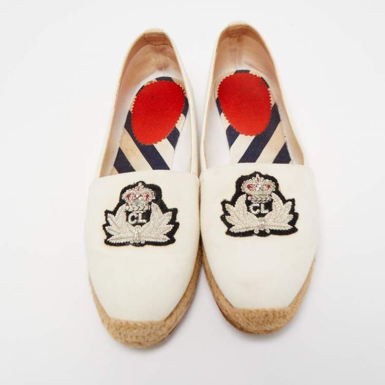 Pre Owned Christian Louboutin Off White Canvas Gala Embroidered Crest Espadrille Flats Size 36