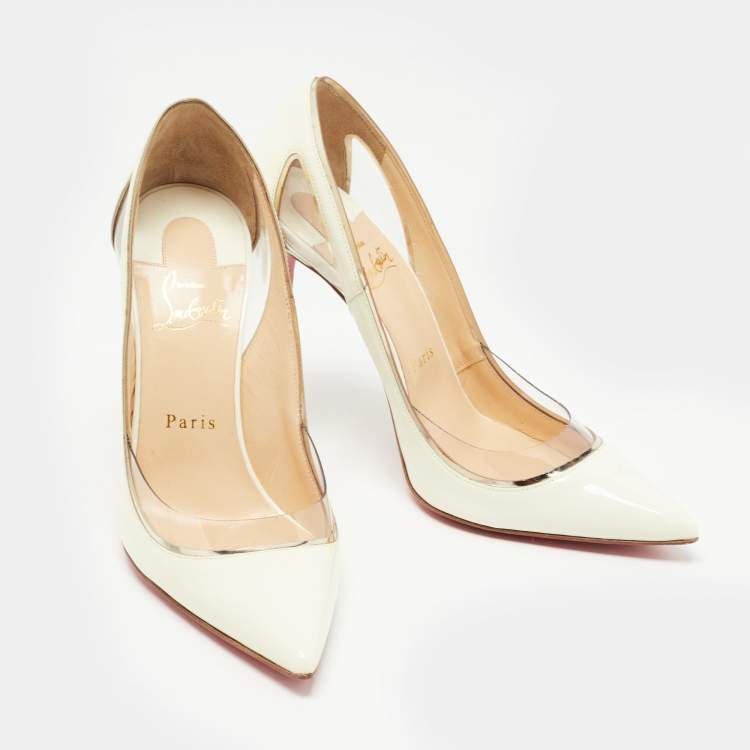 Pre Owned Christian Louboutin Off White Patent Leather and PVC Cosmo Pumps Size 38