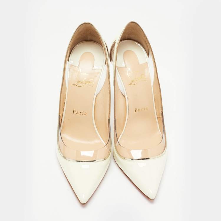 Pre Owned Christian Louboutin Off White Patent Leather and PVC Cosmo Pumps Size 38